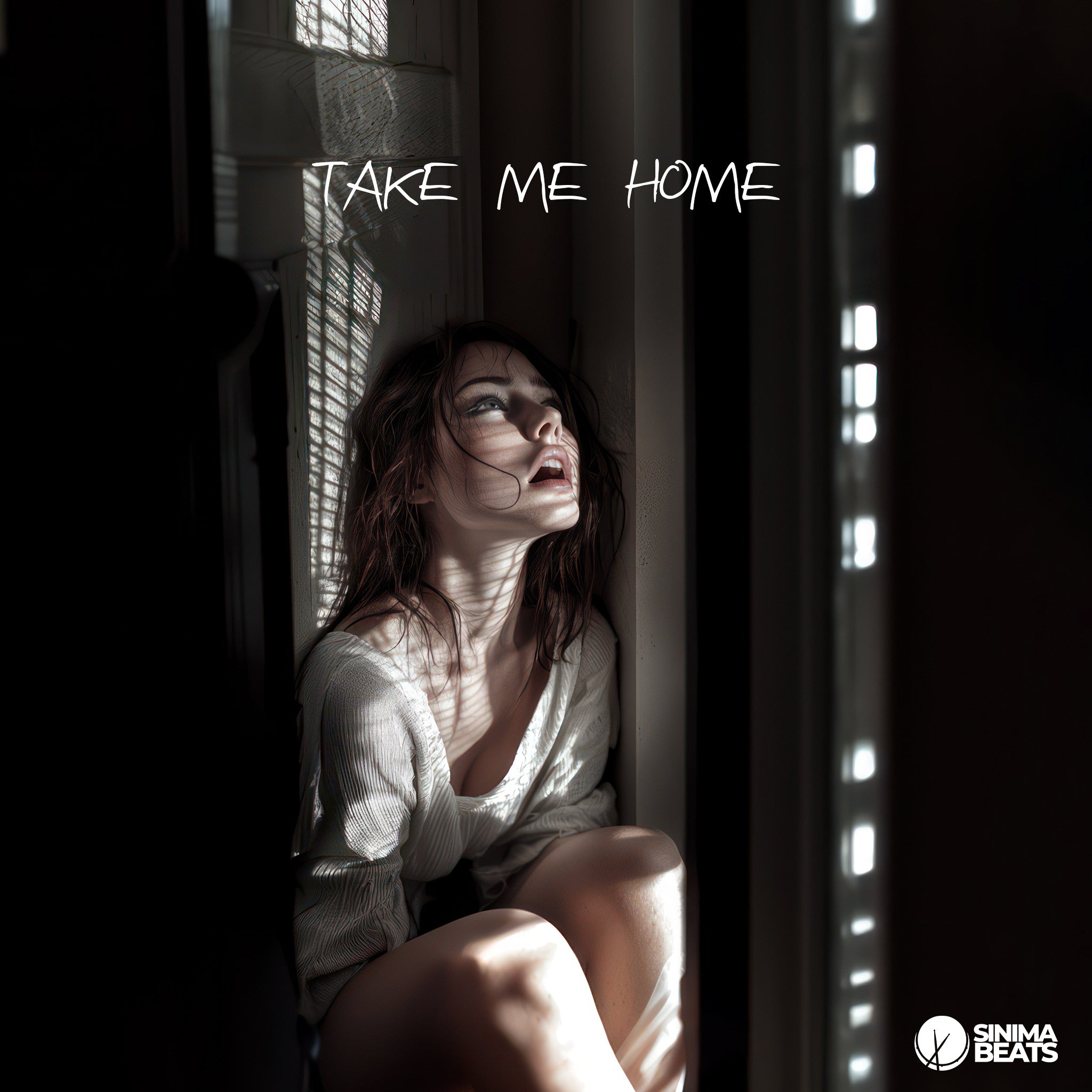 This intimate and evocative image captures a beautiful woman with dark hair, dressed in white clothing, huddled in a corner inside a house. The composition, depicting her fear of being alone and longing for love, is enhanced by the warm and soft lighting, creating a poignant atmosphere. The image effectively conveys the emotional depth of the desire for connection and the comfort of finding a safe, loving space. - Take Me Home