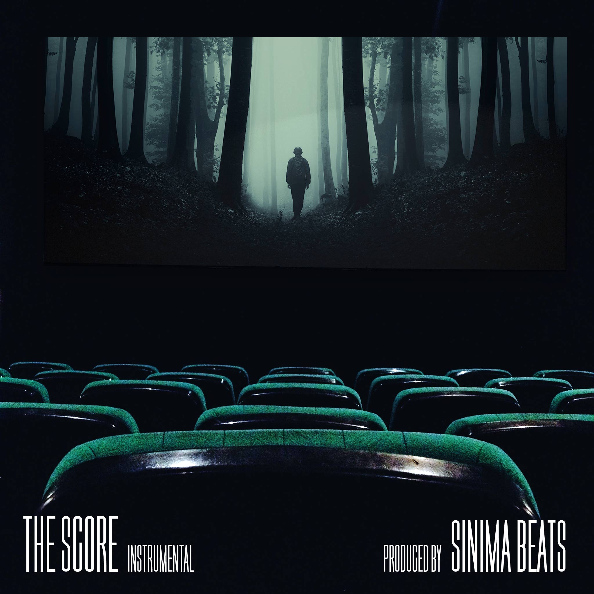 Captivating scene with a World War 2 soldier on-screen in a movie theater setting with green seats. The soldier, wearing a hard helmet, is depicted walking through a dense forest. Title: "The Score."