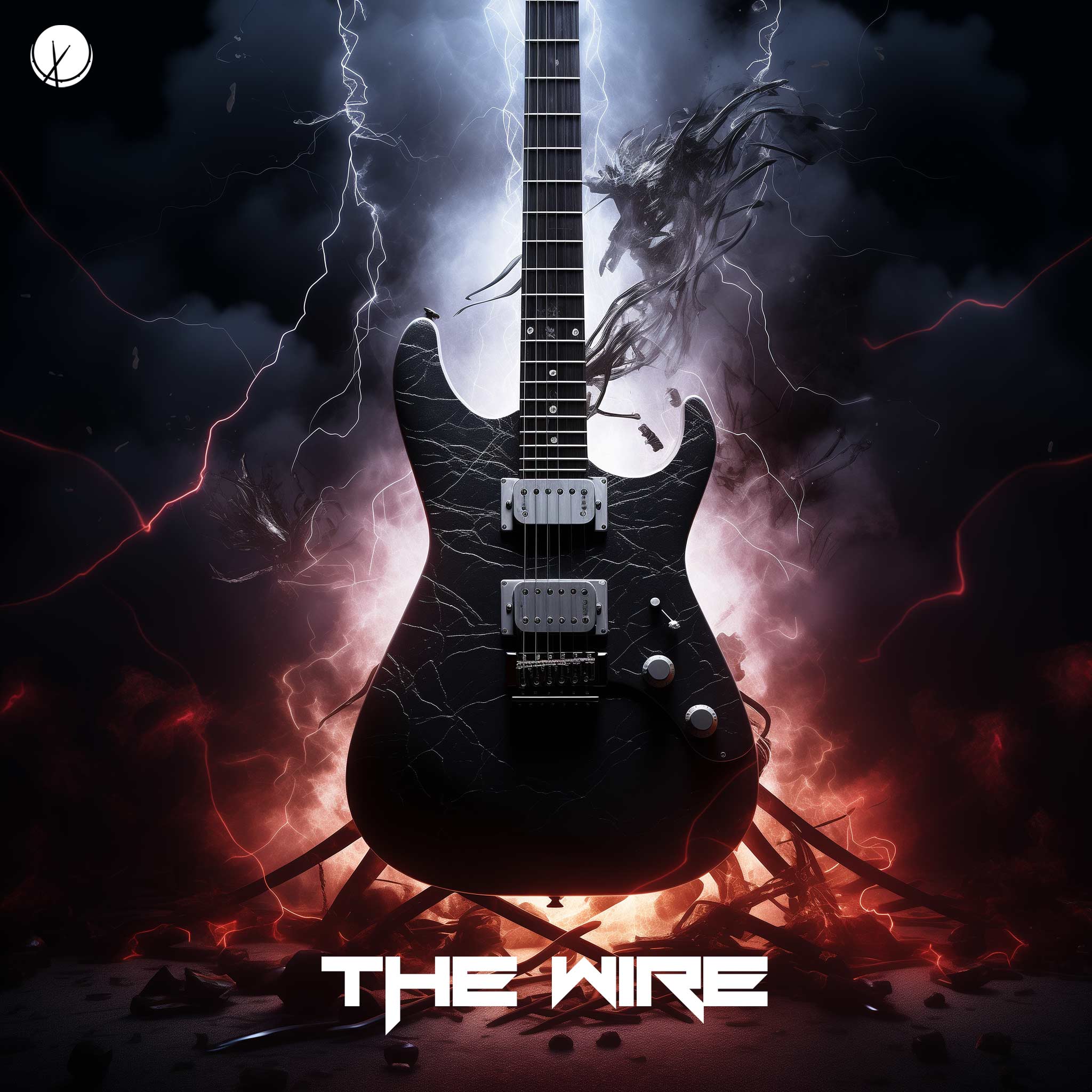 the-wire-electric-guitar-standing-up-over-a-fire-lightning-background