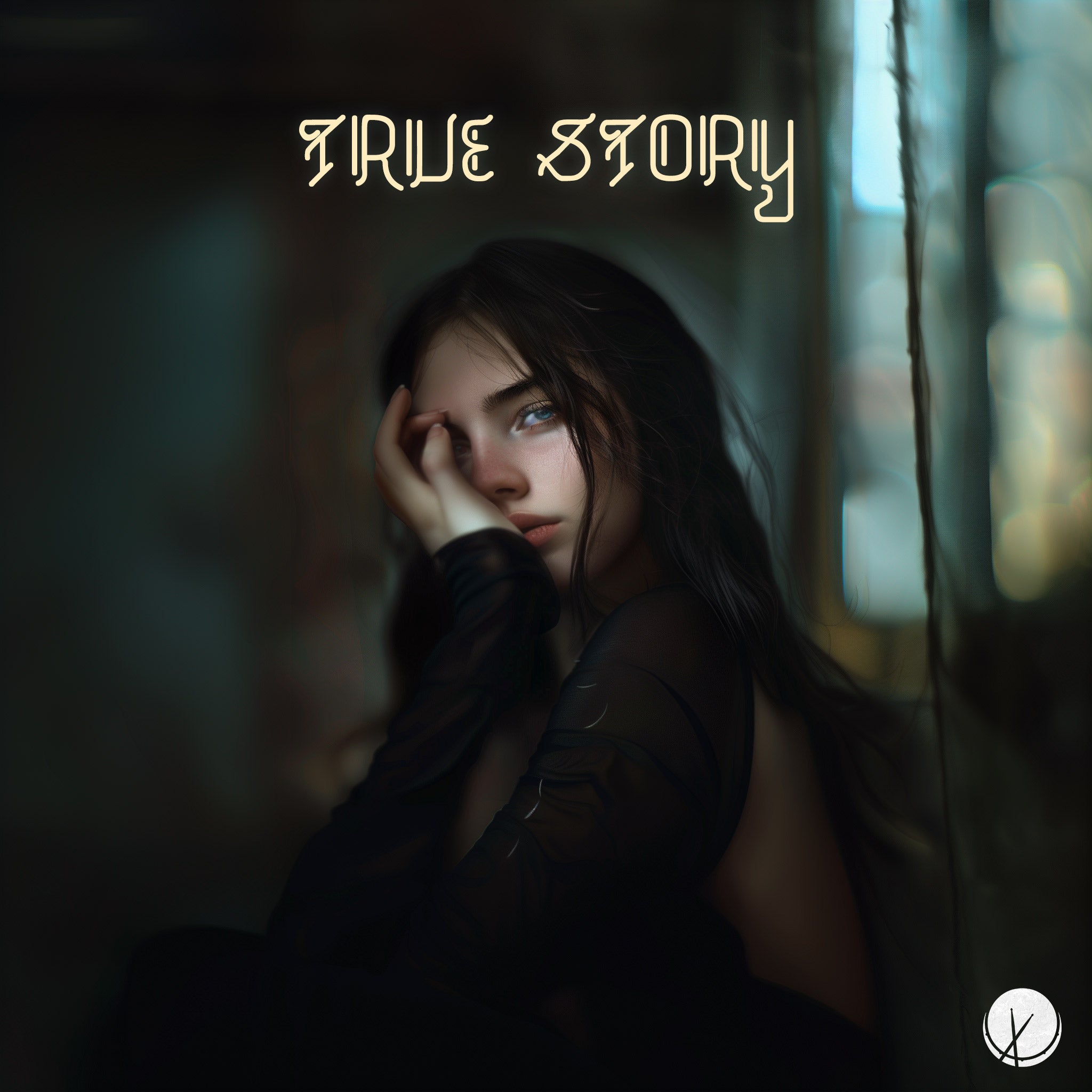 Young brunette woman with blue eyes displaying a sad expression, her hand covering the side of her face, wearing a black sheer dress in a professional, poignant photography scene. Title: 'True Story.'