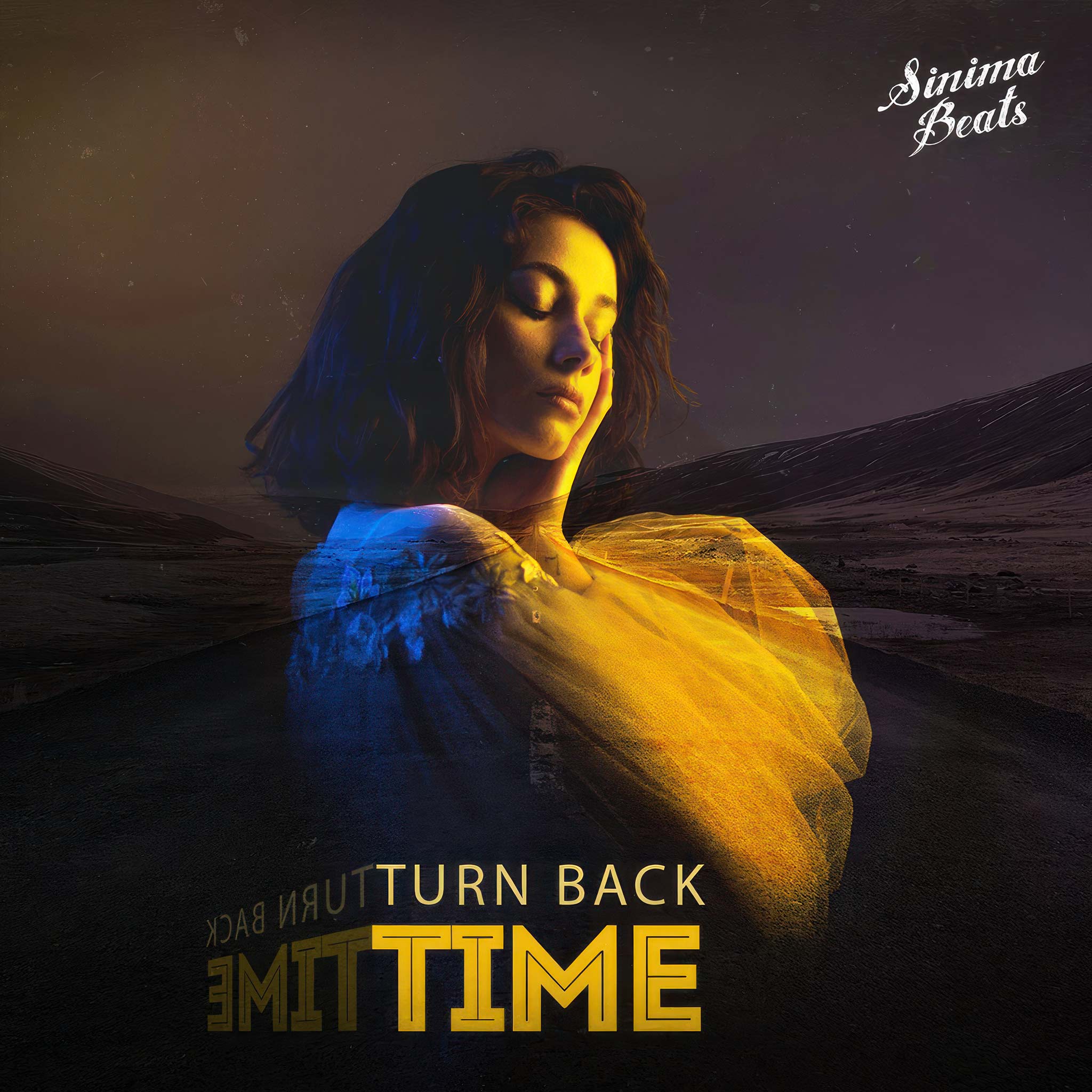 Woman Eyes Closed with Hand to Her Face, Double Exposure of Road and Mountains at Night - Turn Back Time
