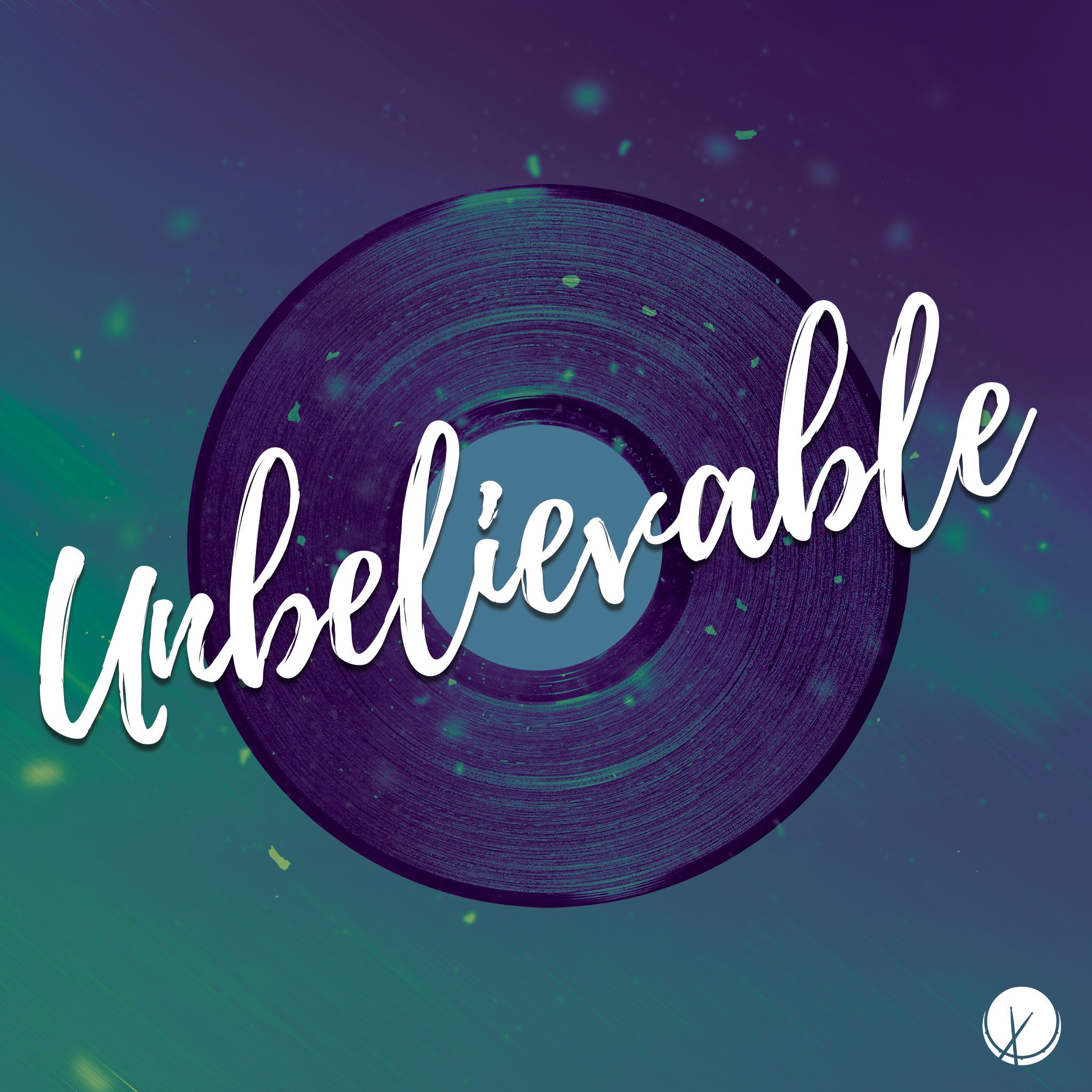 Vibrant colors on a vinyl record as part of music cover, green and purple hue, light particles, art titled "Unbelievable."