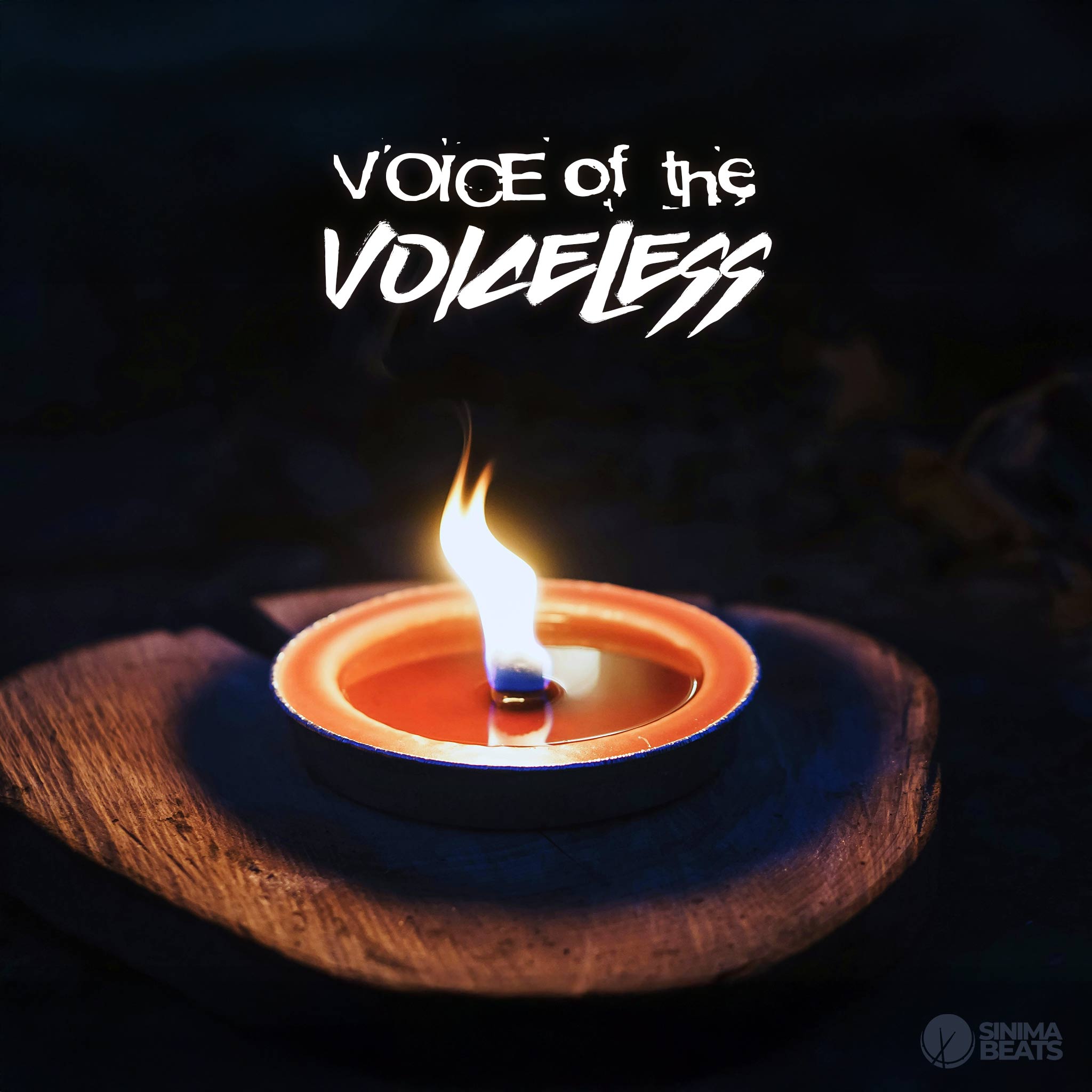 Candle lit on top of wood in the night, somber photography and imagery. - Sinima Beats Voice of the Voiceless Instrumental Cover Art Design