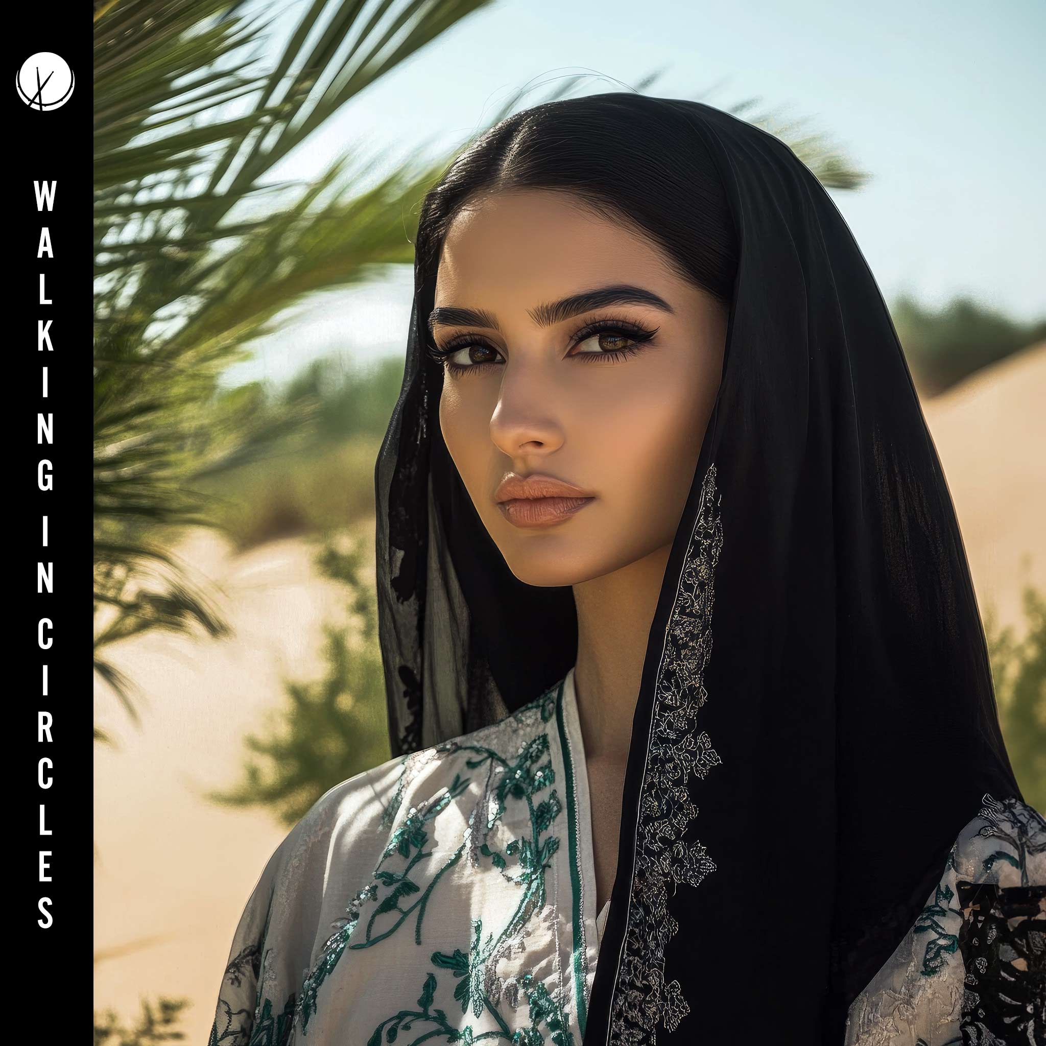 Attractive Indian Woman in Bollywood-Style Dress Wandering Around Desert with Palm Trees and Sand During Daytime - Walking in Circles