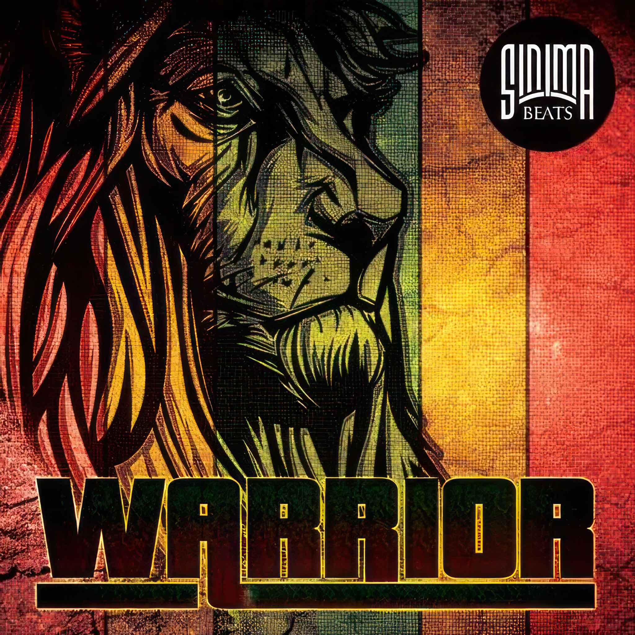 Illustration of Lion's Head with Textured Background in Reggae Vibrant Colors (Red, Orange, Green) - Warrior