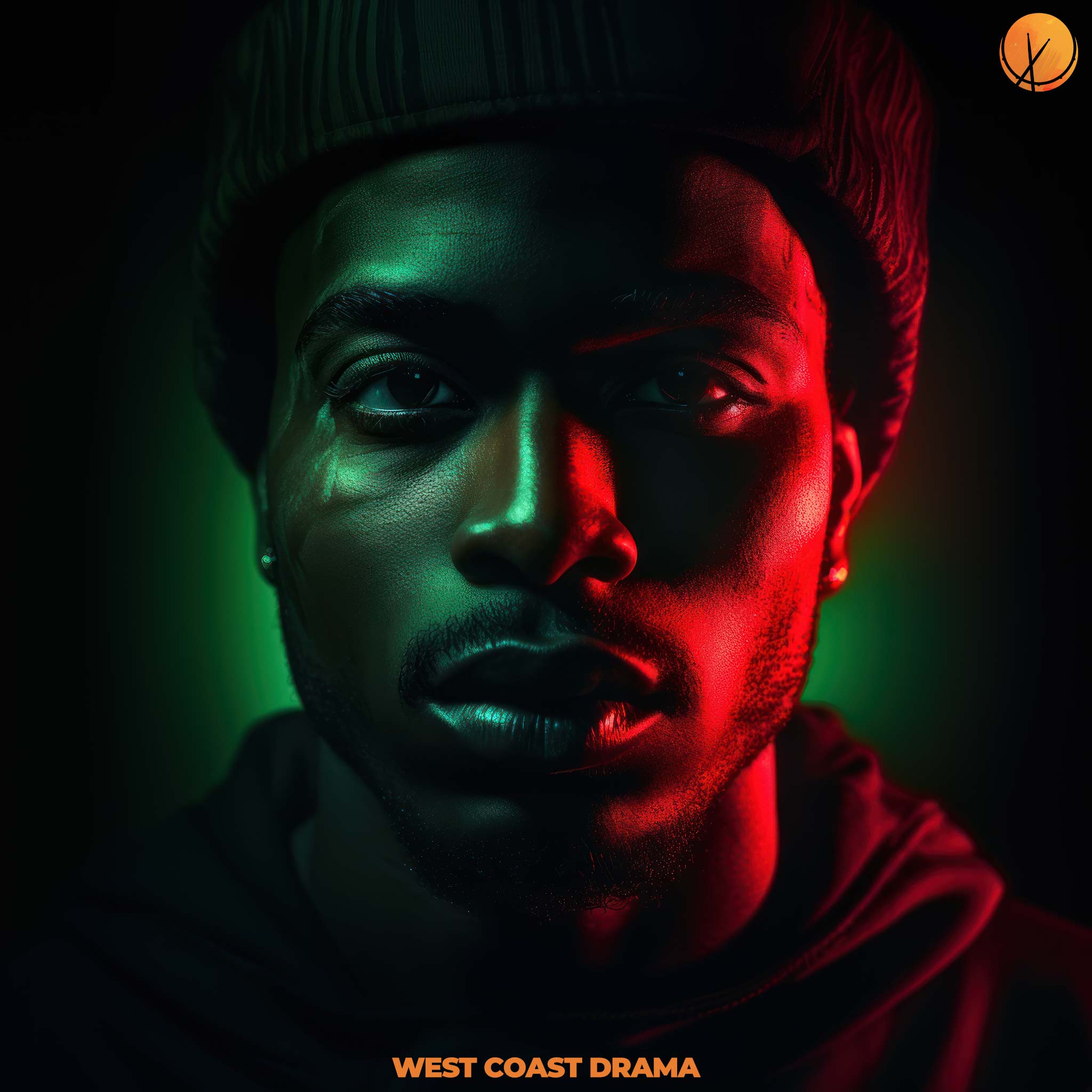 Black man portrait with dark red and green lighting glow on face in 8K high angle, luminous, hip-hop style