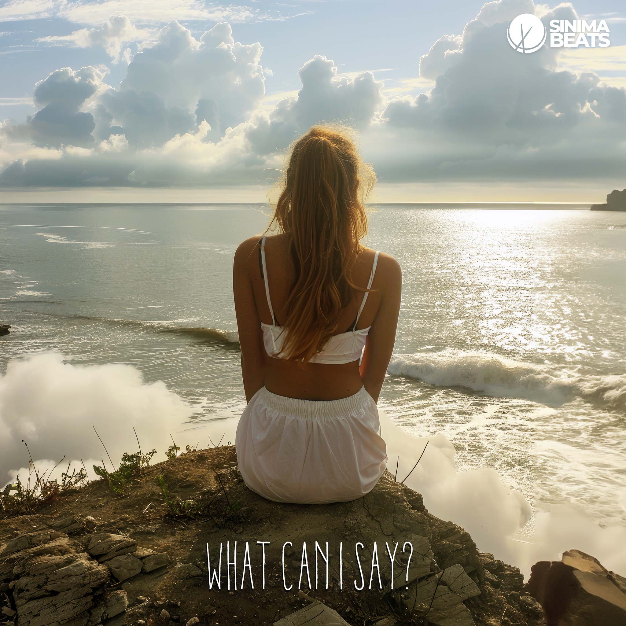 Woman Wearing a White Sports Bra and Shorts, Sitting Alone on a Rock Overlooking the Ocean, Wide-Angle Shot on a Bright Day - What Can I Say