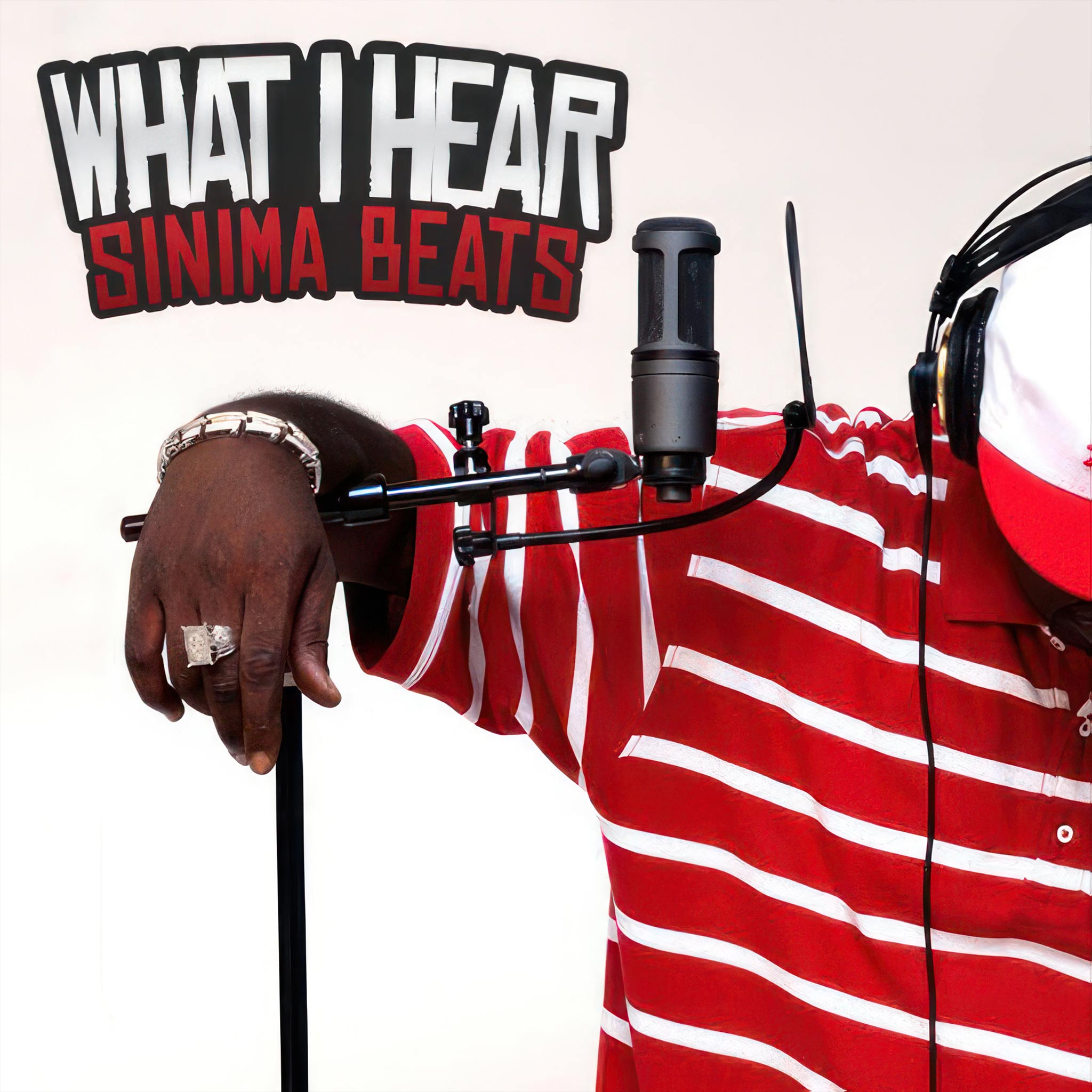 Rapper Listening to Music in Headphones, Leaning on Microphone Stand with Solid White Background - What I Hear