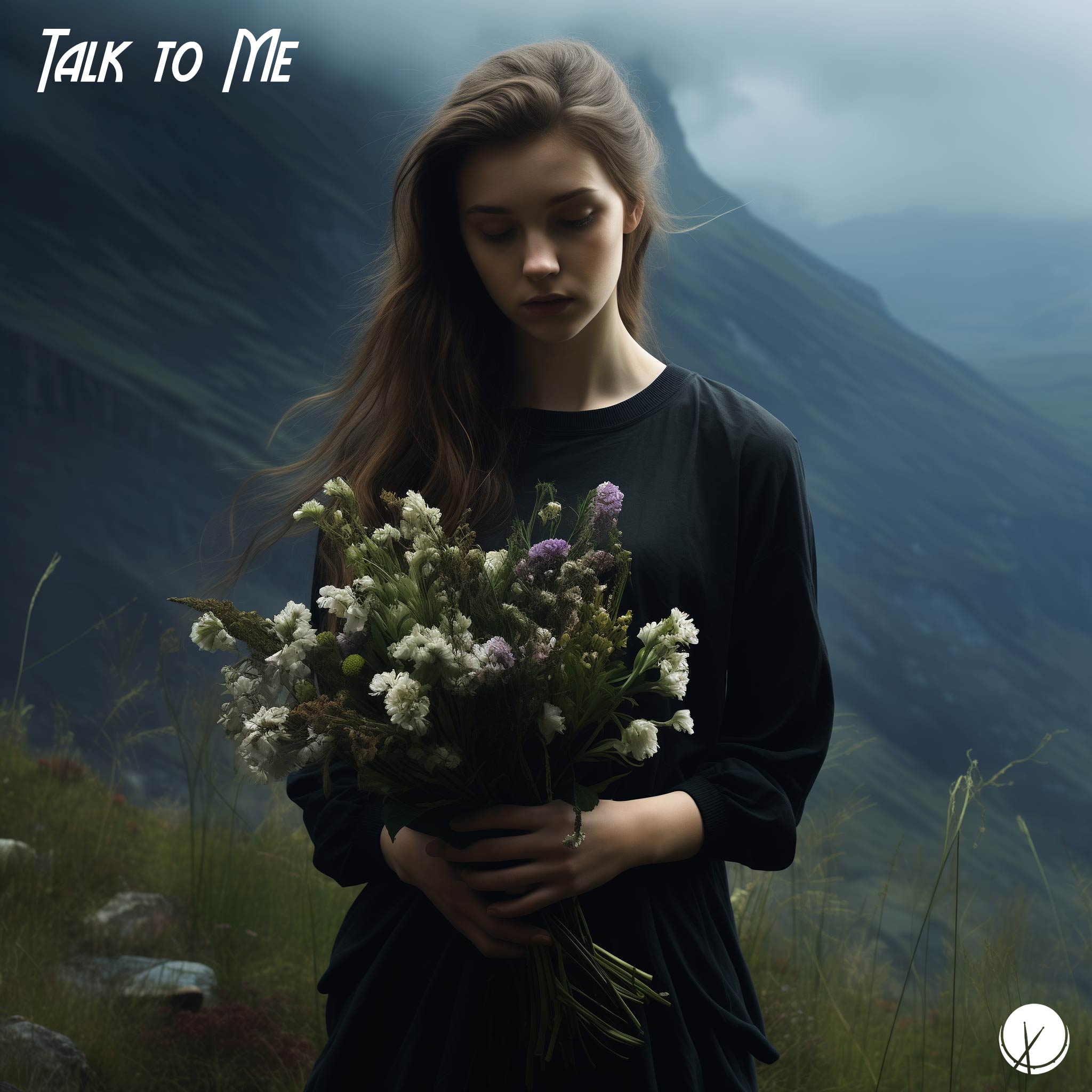 Woman Wearing a Black Dress, Holding a Bouquet of Flowers, At the Foot of the Mountain, Calm Setting, Dusk. Title: "Talk to Me."