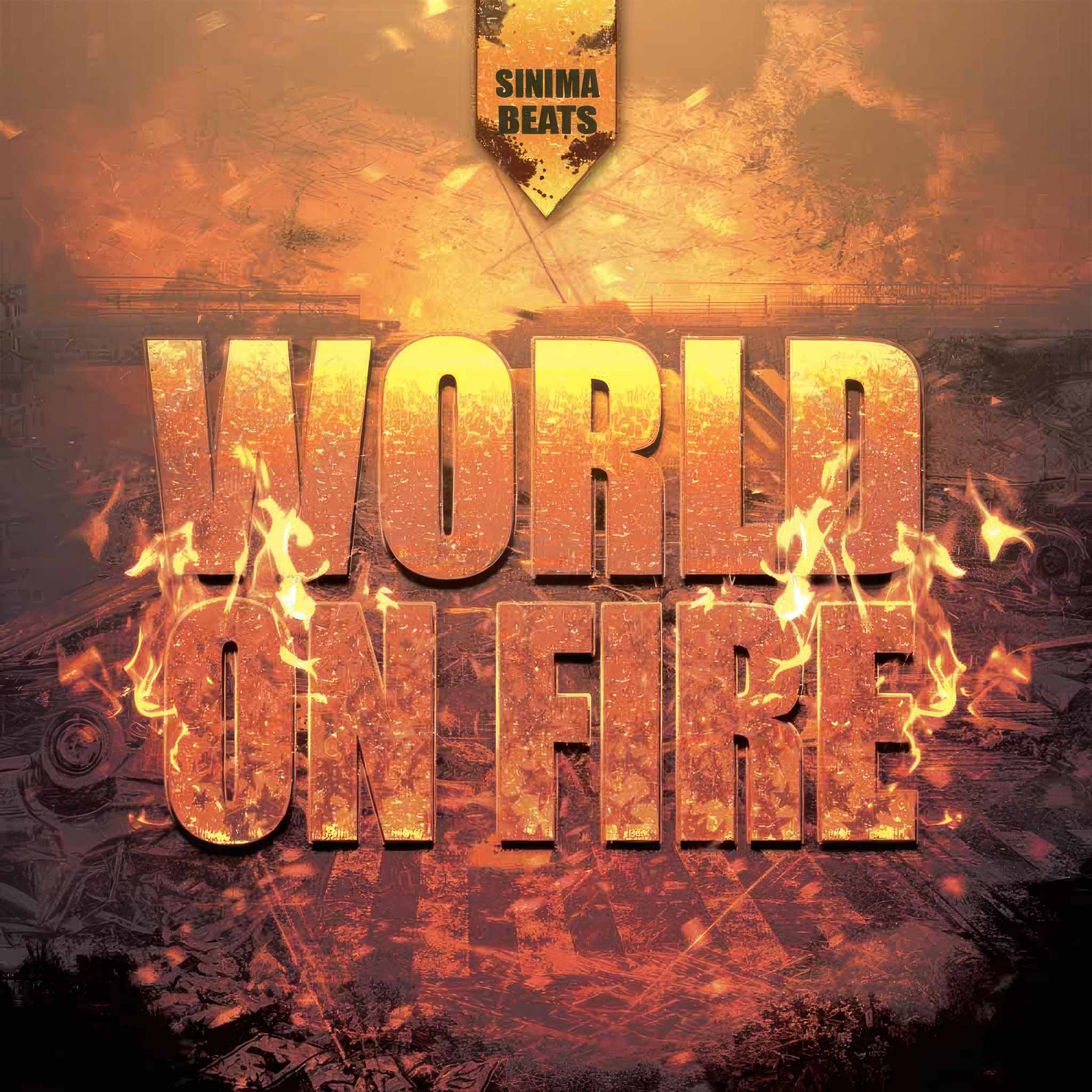 "World on Fire" - Destruction of City with Orange Hue, Text, and Flames